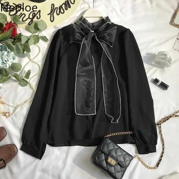 

neploe 2021 new spring autumn new elegant lace up bow blouse women lantern long sleeve solid chiffon shirt slim fit blusas 47027, White