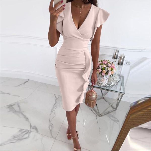 

casual dresses pink v neck bodycon dress woman midi women evening party ruffle sleeve summer slim solid vestidos mujer 2021, Black;gray