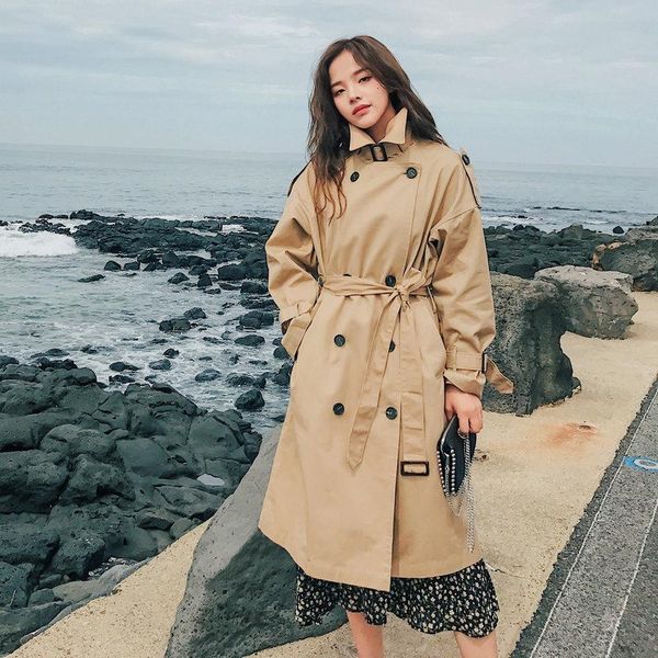 

women's trench coats spring women khaki coat mid-length double-breasted belt autumn windbreaker 2021 fashion female clothing, Tan;black