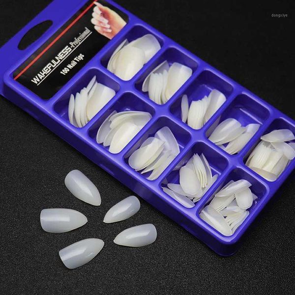 

100pcs clear long stiletto false nails tips nature white full cover fake nail manicure press on charms1, Red;gold