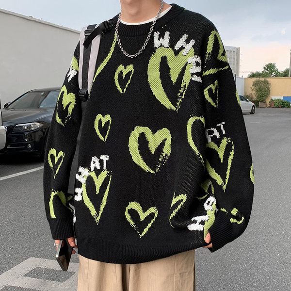 

men's sweaters large knitted sweater, heart-shaped design, hip-hop, leisure, harajuku, street clothing, fashion warm coat, sweater, White;black