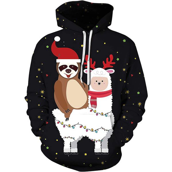 

christmas cartoon animal 3d pattern hoodie visual impact party punk gothic round neck sweater hoodie, Black