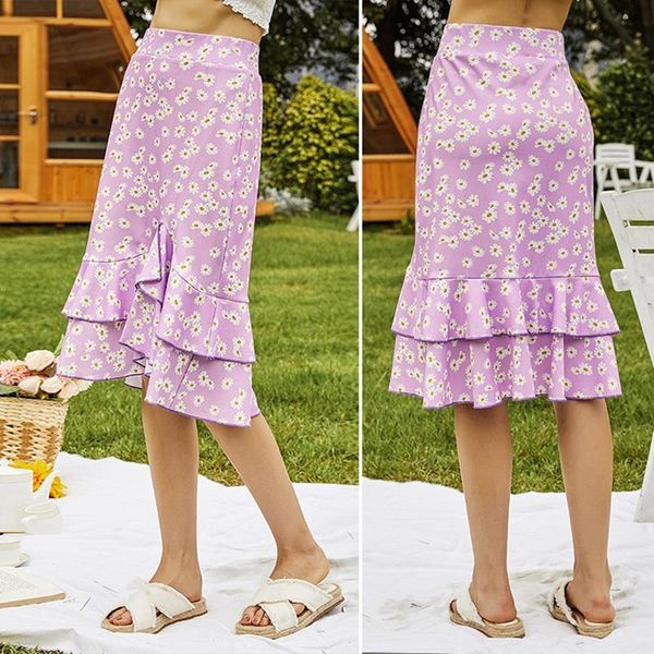 

women's irregular print daisy ruffle skirt purple skirts, Black
