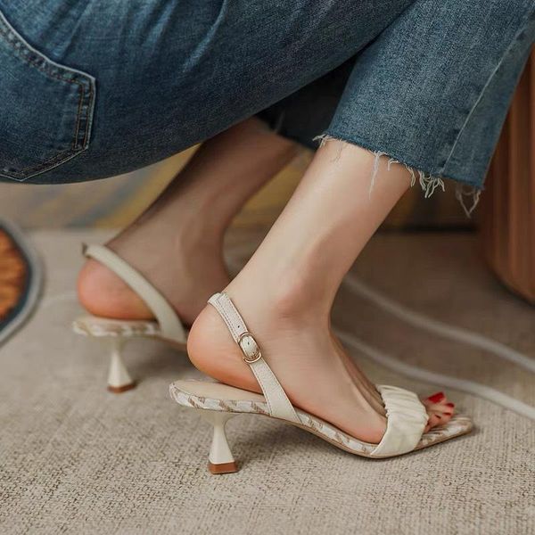 

sandals summer women pumps 2021 pleated band back strap females high heels slip on buckle women's elegant simple rome shoes, Black