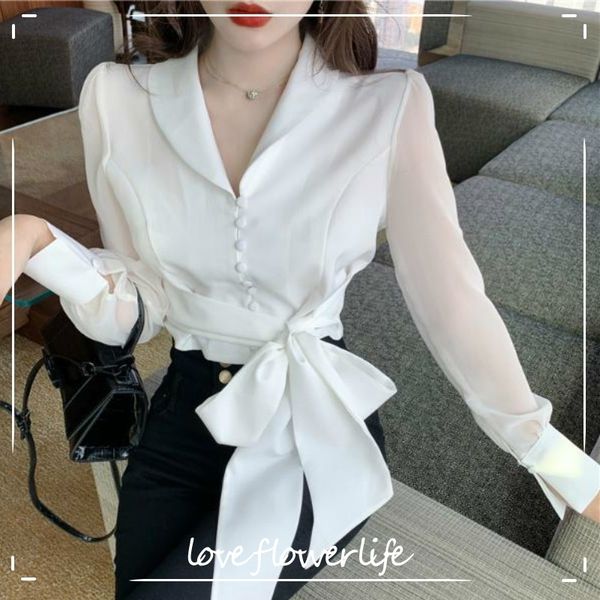 

french elegant blouse women autumn chiffon bow v-neck casual slim long sleeve lady shirts korean girls 210521, White