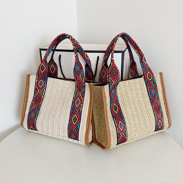 

evening bags women ethnic style straw woven large capacity shoulder shopping bag casual ladies summer beach vacation patchwork tote handbags