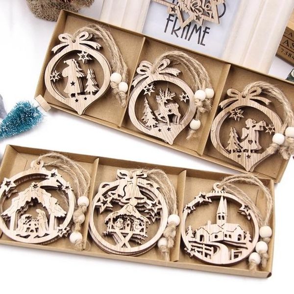

christmas decorations 12pcs/box hollow wooden pendants vintage party decoration xmas tree hanging ornament kids gift home supplies