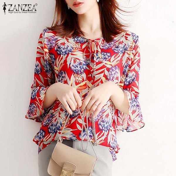 

women's blouses & shirts blouses women chiffon blouse summer lace up print casual middle floral sleeve o-neck ladies blusa femme plus o, White
