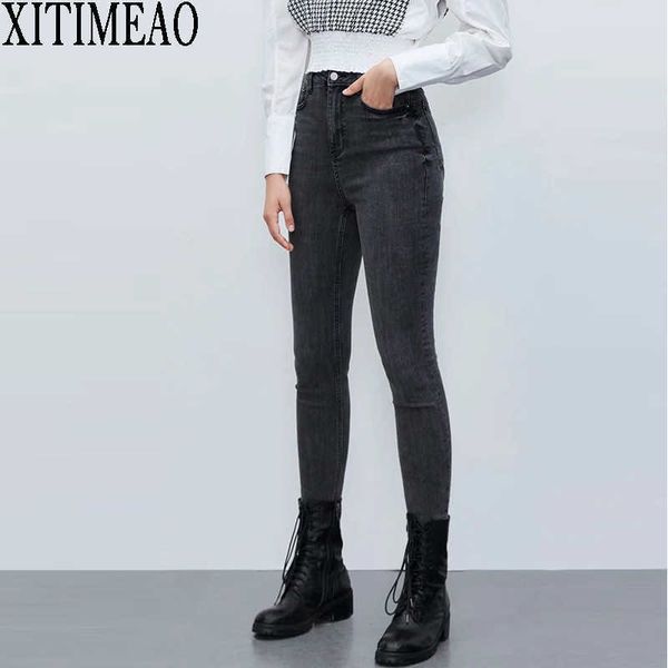 ZA Donna Jeans a vita alta di colore scuro con design sulla parte anteriore con zip e chiusura con bottoni in metallo Pantaloni attillati 210602