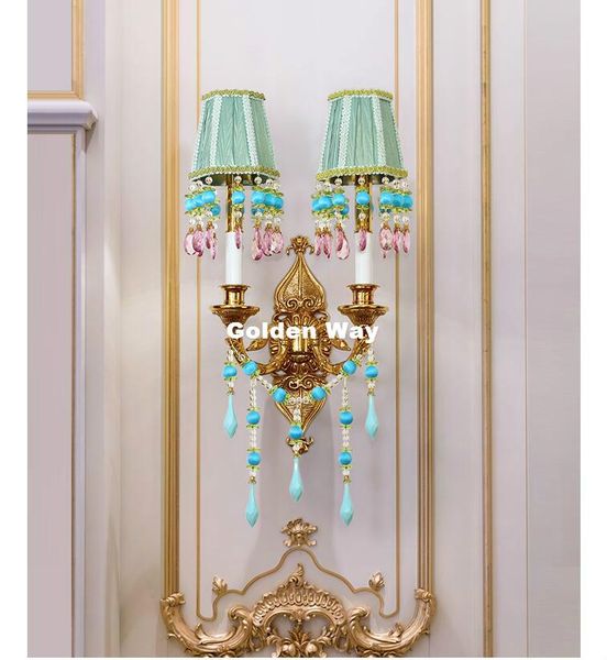 

wall lamps european-style brass lamp crystal light w34cm h63cm 110v~220v ac 100% copper indoor lighting classical vintage sconce