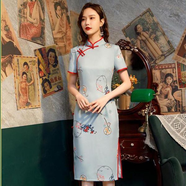 

ethnic clothing chinese style print flower cheongsam lady sheath qipao satin evening party dress gown mandarin collar summer vestidos, Red