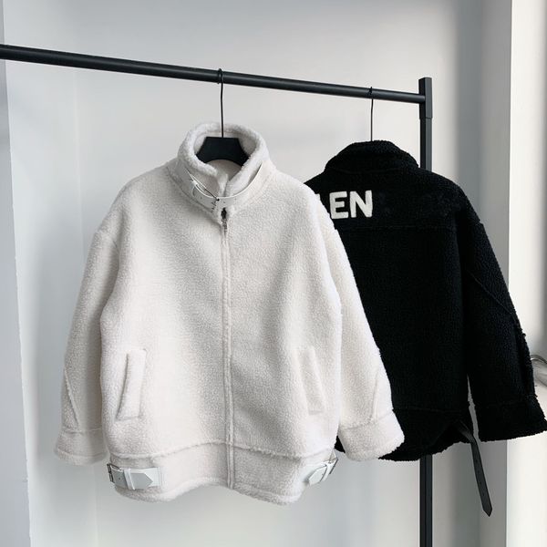 

70% off 21 autumn and winter new ba + lamb plush letter towel embroidered couple zipper stand collar coat, Black