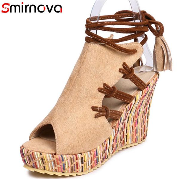 

smirnova 2021 est women sandals peep toe lace up summer shoes bohemian style party wedding woman wedges platform, Black
