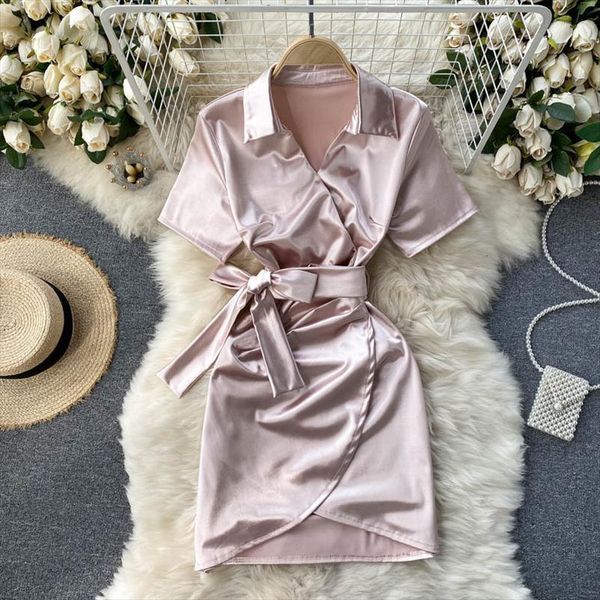 

elegant sash wrap women dresses short sleeve solid turn down collar high waist irregular satin soft mini summer robe femme, Black;gray