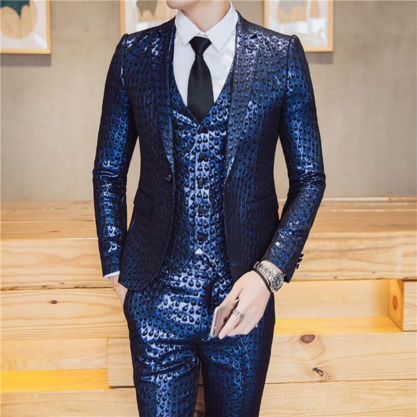 

men's suits & blazers 2021 mens party gold slim fit night club outfits dj stage costume shiny men royal blue dress 3 piece set, White;black