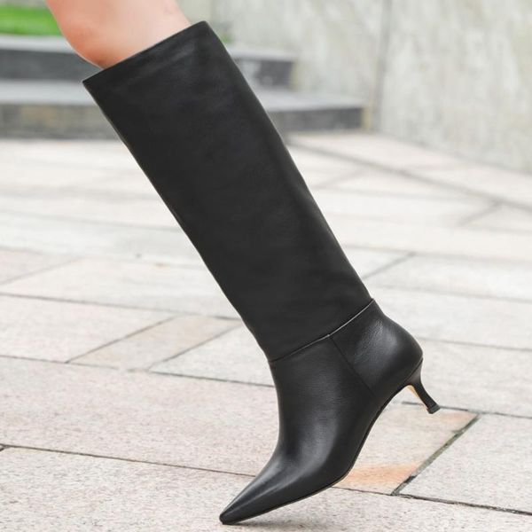 

boots size 34-42 natural cowhide fashion pointed toe women knee high 2021 autumn winter nubuck leather black women's shoes