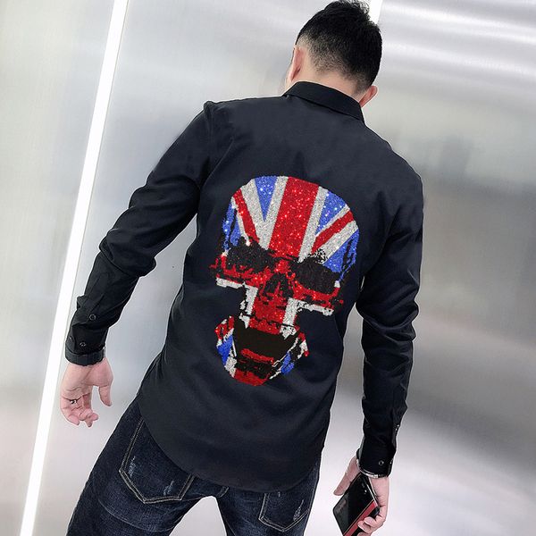 

men's t-shirts british young autumn personality man's shirt bright skull diamond thin fashion long sleeves dlkw, White;black