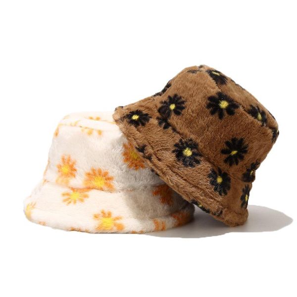 

wide brim hats women daisies flower print winter bucket hat fashion faux fur fisherman bob chapeau femme panama fishing hip hop caps, Blue;gray