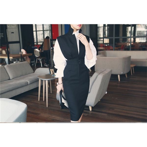

autumn korean office lady white turtleneck shirt + slim vest two-piece
