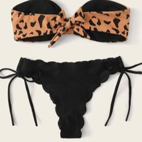 

women's swimwear beach bikini 2021 woman front lace up tie strapless leopard swimsuit female push ruffled bow bathing suit thong, White;black