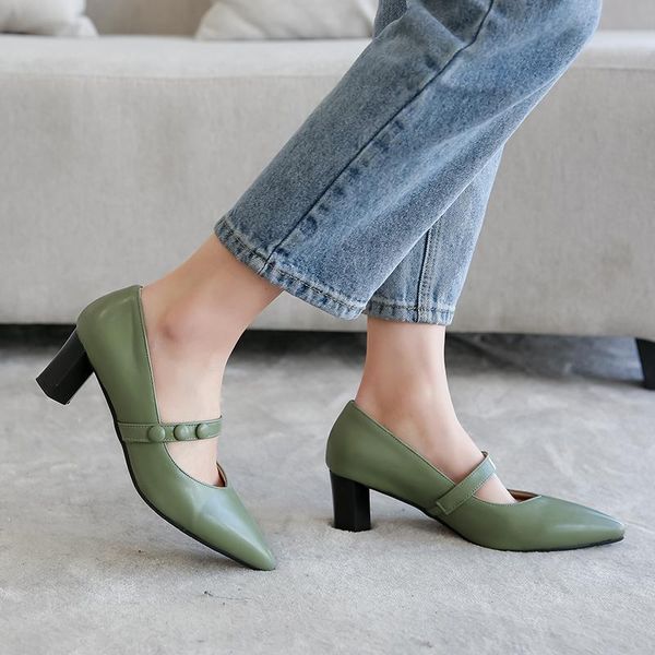 

dress shoes 2021 pumps women high heels lady ankle strap thick heel autumn pointed single female office work zapatos de mujer, Black