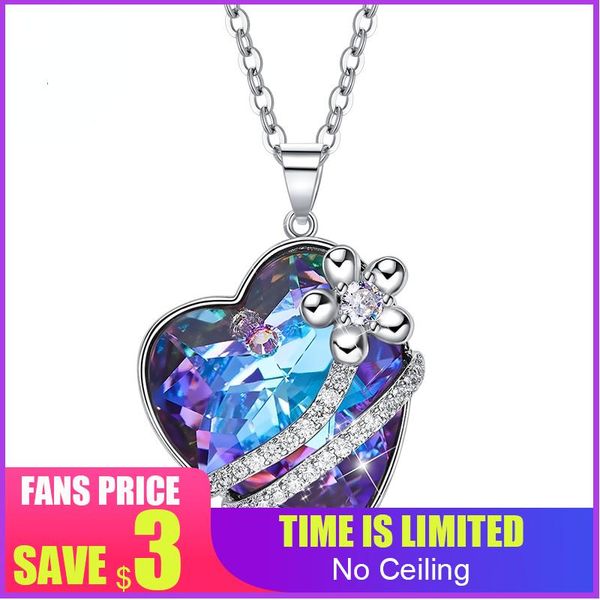 

chains blue purple beautiful crystal necklace pendant for women female delicate heart ocean shape jewelry, Silver