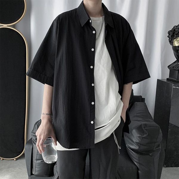 

men button up t shirt summer cargo work tshirt short sleeve korean style harajuku clothes male black white loose casual men's t-shirts, White;black
