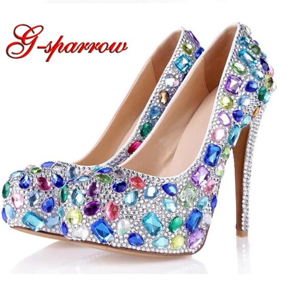 

custom made stone wedding shoes mixed color blue purple pink anniversary ceremony pumps rhinestone bride dress, Black