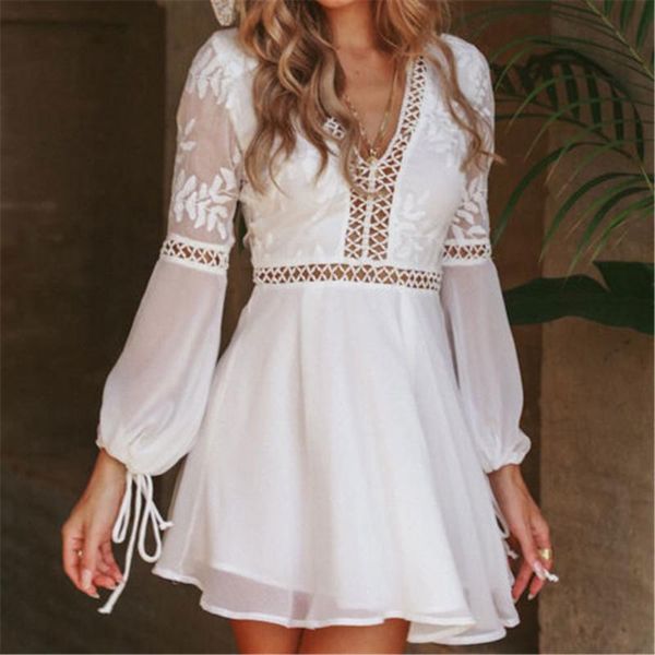 

summer women v-neck long sleeve hollow out mini dress fashion casual white lace high waist sundress beach vacation vestido dresses, Black;gray