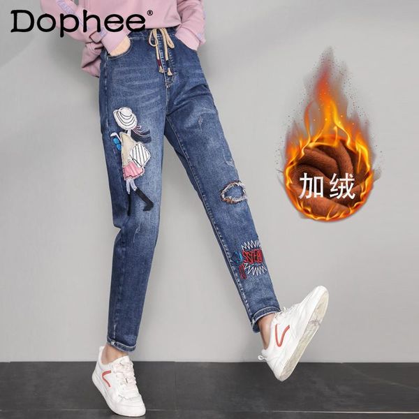 

women's jeans embroidery cartoon harem pants female elastic waist cotton stretch for women 2021 autumn winter warm plus velvet trousers, Blue
