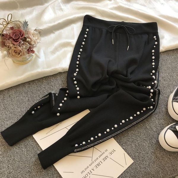 

women's pants & capris luosha women summer knitted harem womans stylish pearl beaded casual high waist lace up sweater trousers, Black;white