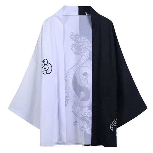 

men's casual shirts summer daily japanese seven-quarter sleeves dragon print kimono taoist robe men cloak comfortable jacket #t2g, White;black