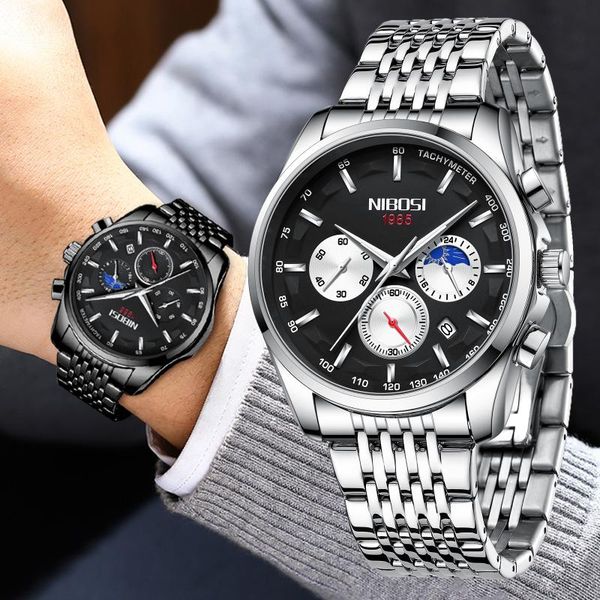 

wristwatches nibosi 2021 fashion men's watch stainless steel waterproof sports chronograph quartz men relogio masculino, Slivery;brown