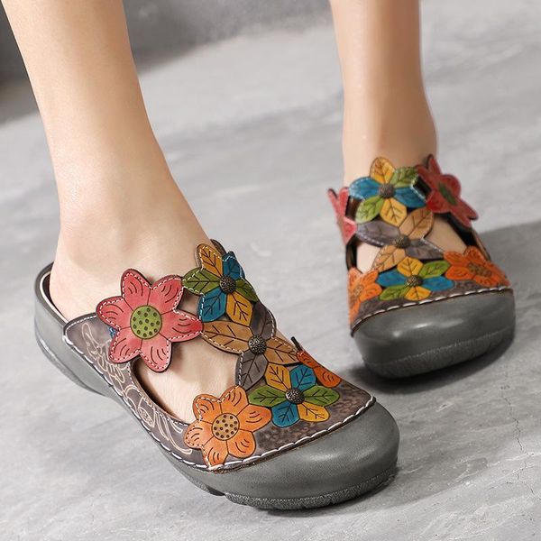 

slippers careaymade-originally created spring and summer, the style of cool slippers,flower genuine leather,national wind, Black