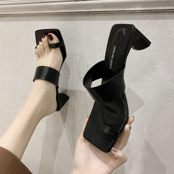 

design women sandals chunky high heel ring toe pu leather solid elegant mature dress wedding shoes ladies female 2021, Black