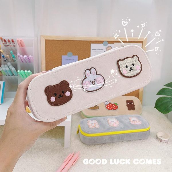 

pencil bags creative cartoon plush embroidery case, simple in style large capacity girl heart office stationery box cute case