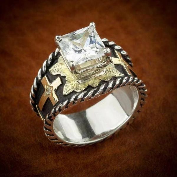 

cluster rings fflacell 2021 fashion vintage gold bicolor cross inlaid white zircon ring female temperament wild party jewelry gift, Golden;silver