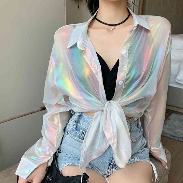 

heliar spring women shining sparkles blouse shirt with buttons half sleeve chiffon shirts transparent blouses for women, White