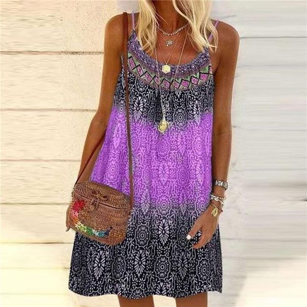 

printed sling dress summer ladies bohemian loose women a-line beach casual elegant mini dresses, Black;gray