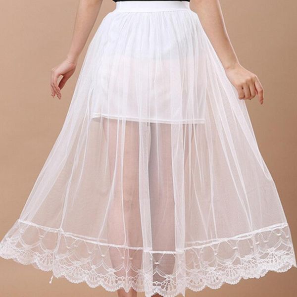 

skirts cuhakci elastic waist pleated skirt black white summer women perspective lace irregular casual mesh floral loose