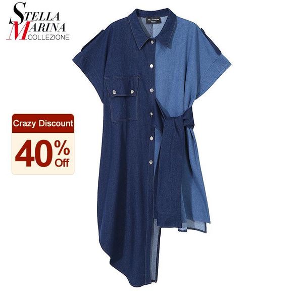 

party dresses plus size short sleeve woman summer irregular denim shirt dress sashes pocket young girls unique style casual jean robe 8326, White;black