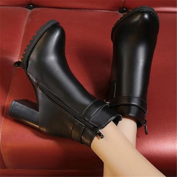

women ankle boots winter leather high heels ladies fashion pointed toe gladiator black shoes for woman plus 34-42