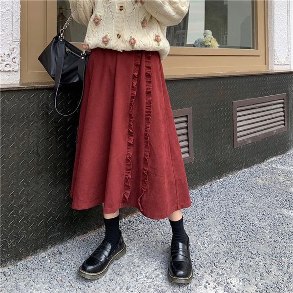 

skirts women skirt black wine red corduroy a-line mid-calf ruffle