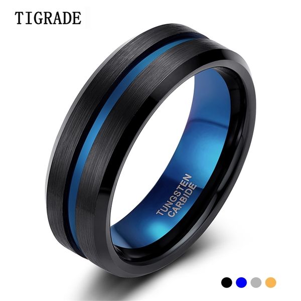 Tigrade 8mm мужские черные вольфрамовые карбид кольцо тонкие синие линии свадебные полосы винтажные ювелирные изделия аниме анел Masculino Aneis размер 6-15 210701