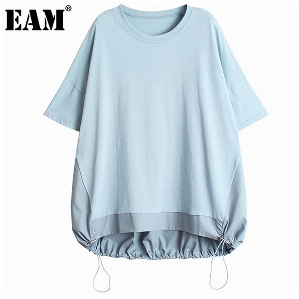 

[eam] women blue drawstring big size irregular casual t-shirt round neck half sleeve fashion spring summer 1dd7948 210722, White