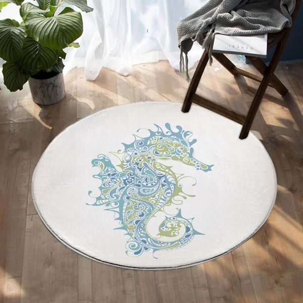 

carpets sea horse print round area rugs kids game mat circle white marine life pattern room entryway for living portable
