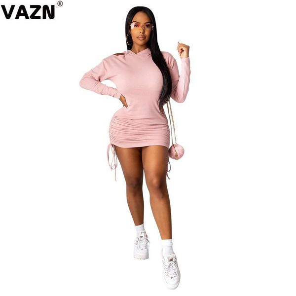 

casual dresses vazn 2021 energy young novelty little chap sweet hooded one off shoulder full sleeve high waist women thin mini dress, Black;gray