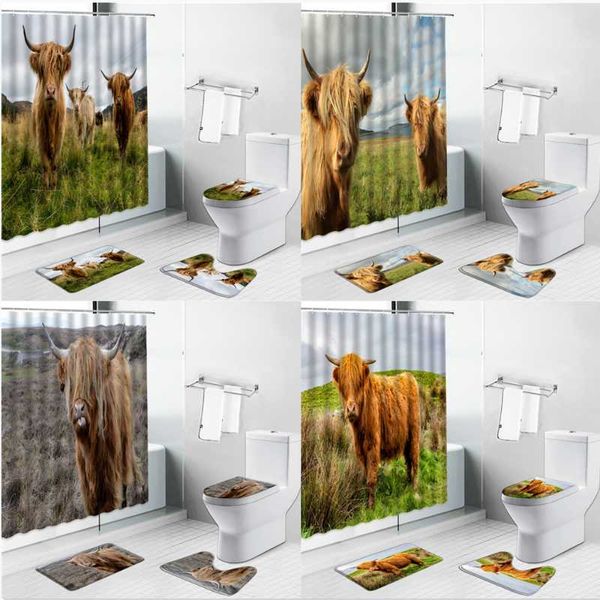 

shower curtains highland cows bath mat rural farm animal cattle non-slip rugs bathroom decor toilet lid cover luxury carpet set