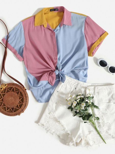 

color block tie hem blouse q7ed#, White
