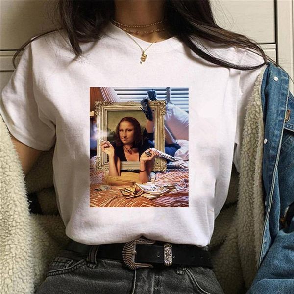 

women's t-shirt women tshirt monla lisa printing ulzzang aesthetic harajuku 2021 summer white drawing short sleeve o-neck